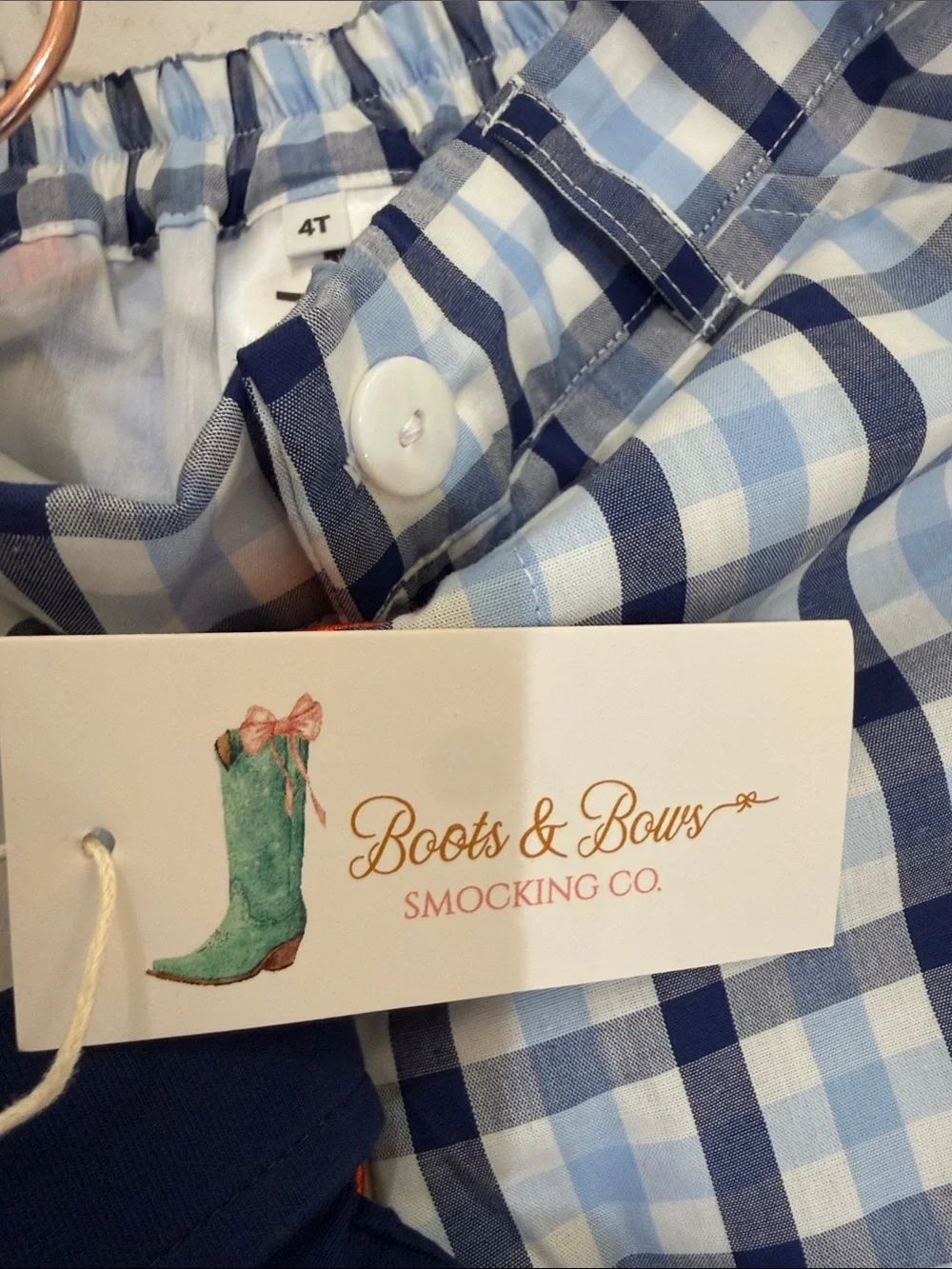 Boots & Bows Houston Rodeo Blue/White Plaid Embroider Logo Shorts 4T NWOT